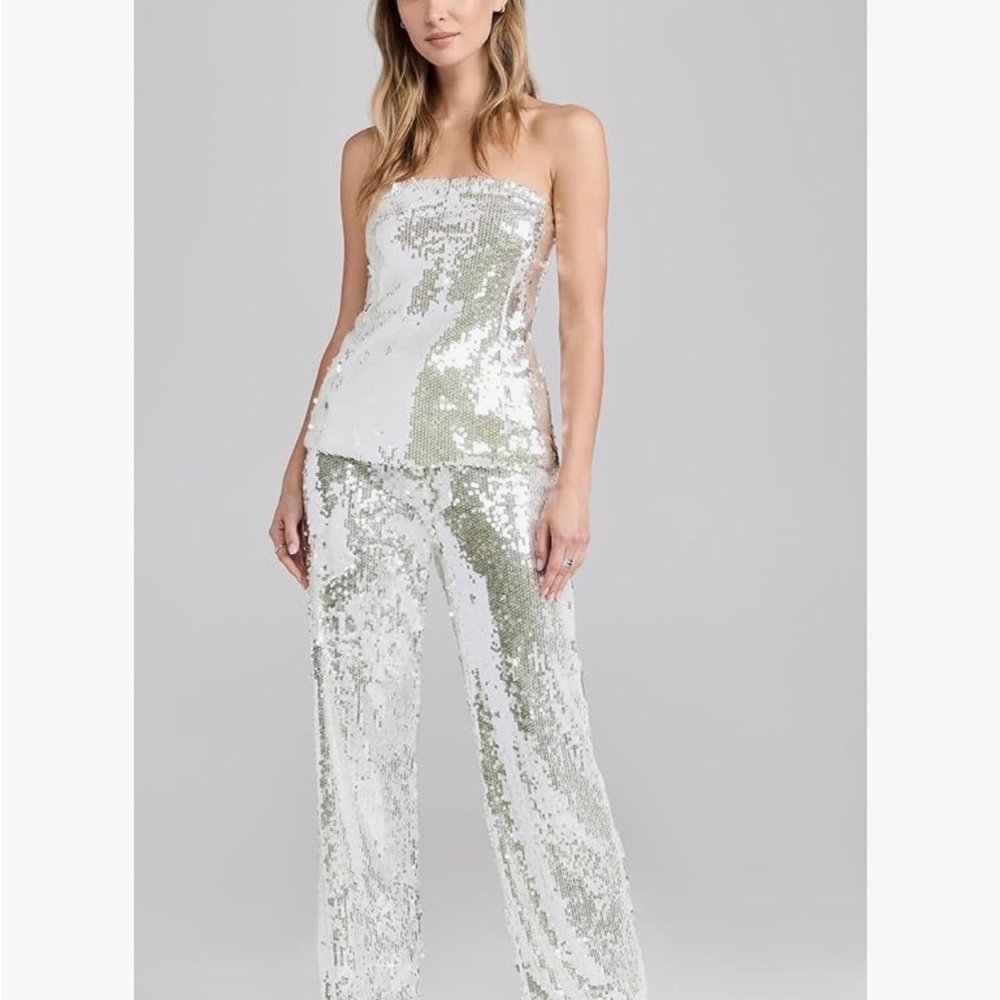 Sequin Strapless Jumpsuit in Silver and White